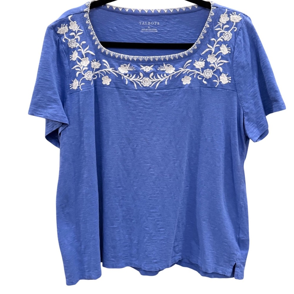 Talbots Embroidered Floral Top Womens Blue Square Neck Slub Cotton Boho XL